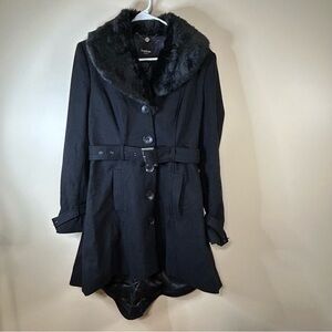 bebe Black Trench Coat with Faux Fur Collar